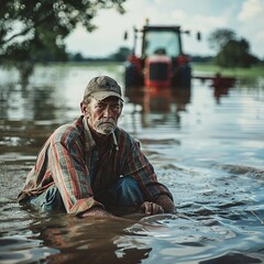 An evocative image capturing a farmer's despair as he cries in his flooded field, with agricultural machinery partially submerged in the background.