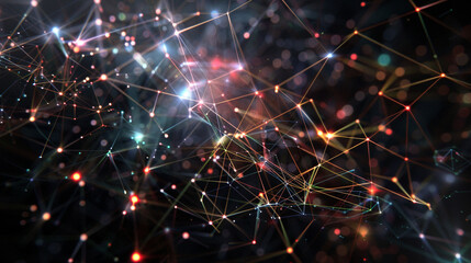 Abstract network visualization on a deep black canvas, with thin, brightly colored lines connecting points of light.