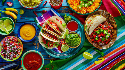Fototapeta premium Traditional Mexican fiesta: a festive plate filled with tacos, salsa, guacamole, cilantro-lime rice, and vibrant toppings like sliced jalapeños and lime wedges