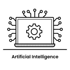 Black outline illustration of Artificial Intelligence with cog laptop and AI lines.Modern Thin line icon for AI on transparent background. 