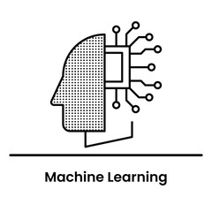 Modern Machine Learning Icon/ Illustration With Human Head With Artificial Intelligence. Black Outline Icon For Machine Learning And AI On Transparent Background