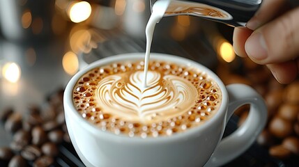   A person pouring milk into a cup of cappuccino with coffee beans in the background - Powered by Adobe