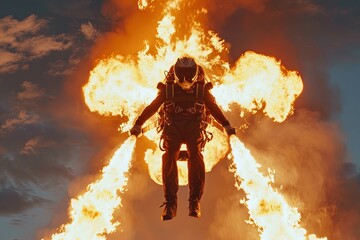 A daring pilot soars through the sky on a jetpack, leaving a trail of flames behind. The thrilling scene captures the excitement and risk of this extreme sport, as well as the impressive technology