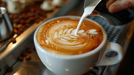   A person pours milk into a cappuccino cup with coffee beans visible in the background