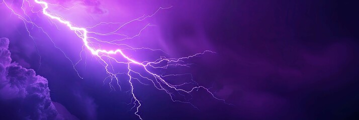 A striking digital showcasing a jagged electric lightning bolt, cutting boldly through a deep purple sky with a luminous neon-like glow. The minimalist background provides ample room for text