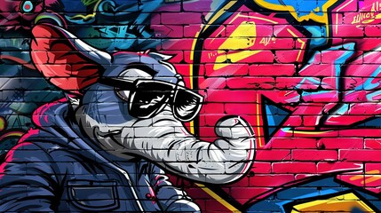   An artist painted a captivating scene of an elephant in sunglasses standing against a brick wall adorned with a vivid elephant mural