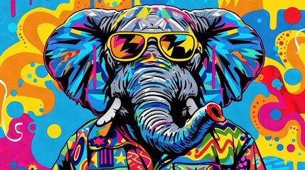   A picture of an elephant wearing sunglasses and a shirt, set against a vibrant backdrop