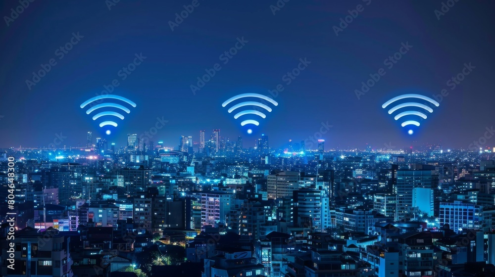 Aufkleber modern city with wireless network connection and city scape concept.wireless network and connection 