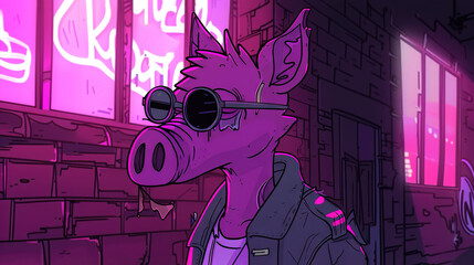   A pig in a sunglasses-adorned jacket faces a brick wall with a pink neon sign nearby