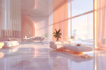 A spacious living room bathed in soft peach hues, featuring sleek, futuristic furniture and minimalist decor.