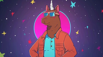 Fototapeta premium A drawing of a dog in sunglasses and a coat with a unicorn horn on its head