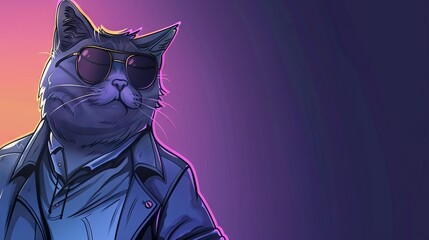  Cat with sunglasses and leather jacket on pink-purple background, sun in background