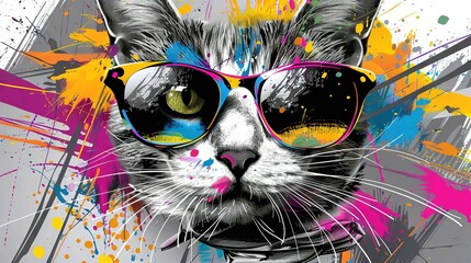   A close-up image of a feline wearing sunglasses and paint splatters on its face