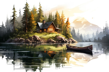 A cozy lakeside cabin nestled among pine trees with a canoe docked at the shore, isolated on solid white background.