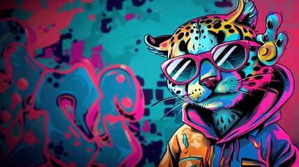   A painting of a cat wearing sunglasses, a hoodie with a leopard on its head, and holding a umbrella