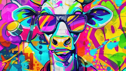   A painting of a cow wearing glasses and vibrant graffiti on a building wall