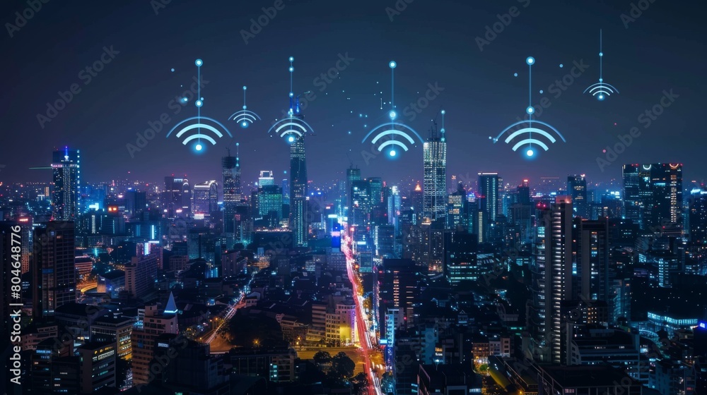 Poster Modern city with wireless network connection and city scape concept.Wireless network and Connection technology concept with city background at night.