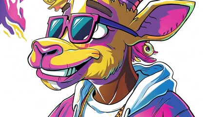   A drawing of a dog wearing sunglasses and a hoodie with a spray paint effect on its face