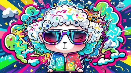   An illustration of a cartoon sheep wearing sunglasses and a T-shirt with a rainbow design on its head