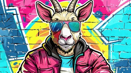   A drawing of a goat wearing sunglasses and standing in front of a wall decorated with graffiti art