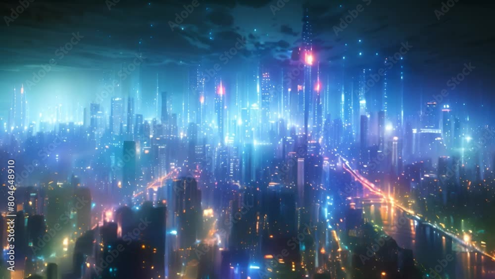 Poster a modern city skyline at night, filled with bright lights and futuristic architecture, creating a dy