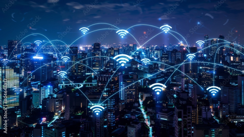 Poster modern city with wireless network connection and city scape concept.wireless network and connection 