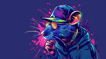   A rat wearing a baseball cap, depicted in a painting with splattered background