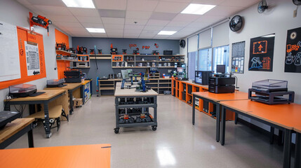 A STEM classroom equipped with robotics kits, 3D printers, and microscopes for hands-on experiments and projects. - Powered by Adobe
