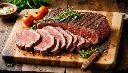 Fototapeta premium grilled beef steaks with spices on wooden cutting board