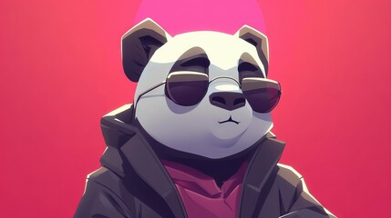   A pandabear in sunglasses and a hoodie over its face on a pink background