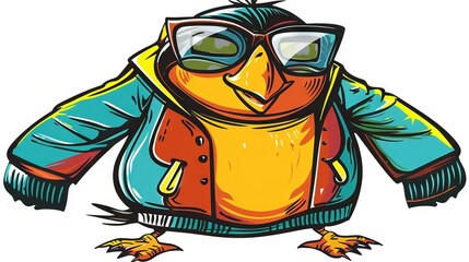   A bird in a jacket and goggles stands with one foot and leg on the ground