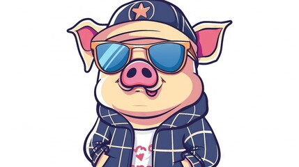   A pig wearing sunglasses, a star hat, and a baseball cap