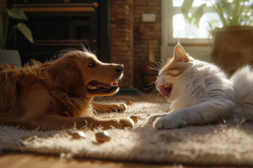 white cat playing with a happy brown dog