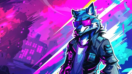   A wolf in sunglasses and a leather jacket stands against a purple-pink backdrop, with a cityscape visible behind