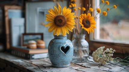   Two sunflower-filled vases rest on a window sill beside a heart vase