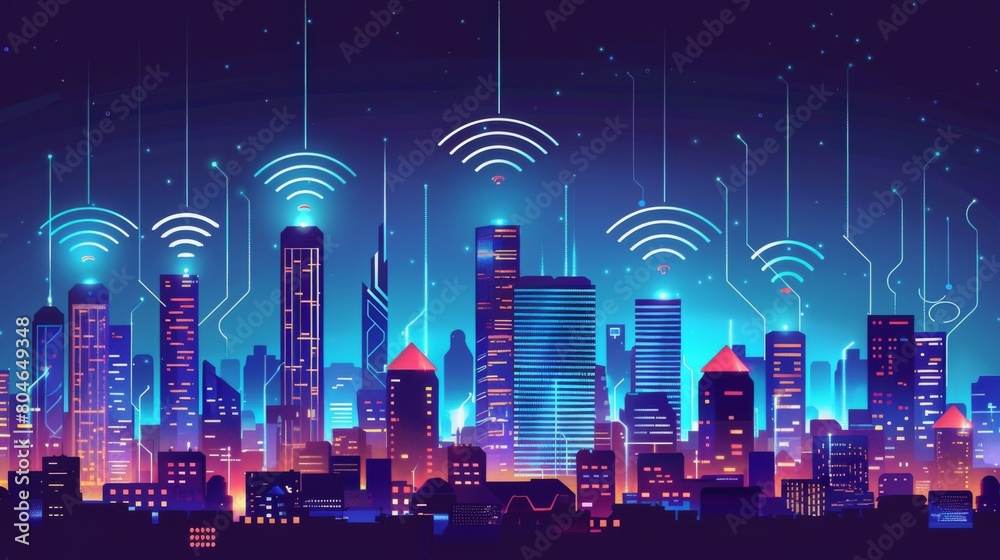 Poster Modern city with wireless network connection concept