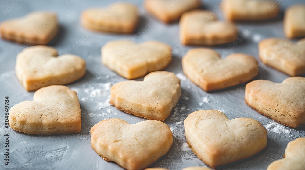 Wall mural Heart shaped shortbread cookies placed on a soft grey backdrop are a delightful homemade gift idea perfect for occasions like Mother s Day International Women s Day or Valentine s Day