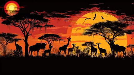   A group of giraffes standing in front of a sunset, with birds flying in the sky and trees in the foreground