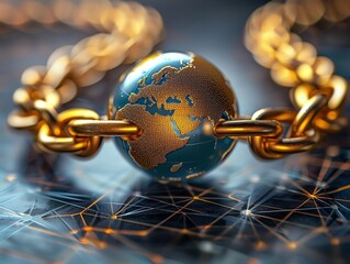 A minimalist chain with strong, interconnected links around a globe, symbolizing global link building strategies - obrazy, fototapety, plakaty