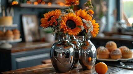   A pair of vases rest atop a table brimming with oranges and a platter of doughnuts