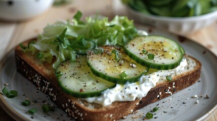   A plate holds a sandwich filled with cucumber, lettuce, and sour cream, while a nearby bowl contains salad