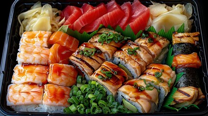   A zoom-in of a plate filled with sushi rolls, accompanied by chopstick holders and additional toppings - Powered by Adobe
