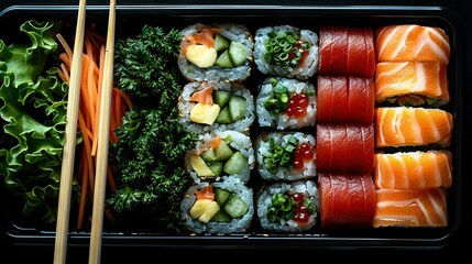   A platter of sushi accompanied by chopsticks, alongside a dish of mixed vegetables including broccoli and carrots