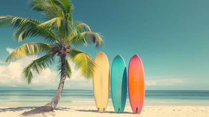 Fototapeta na wymiar Seaside Serenity: Vibrant Surfboards on a Sunny Beach