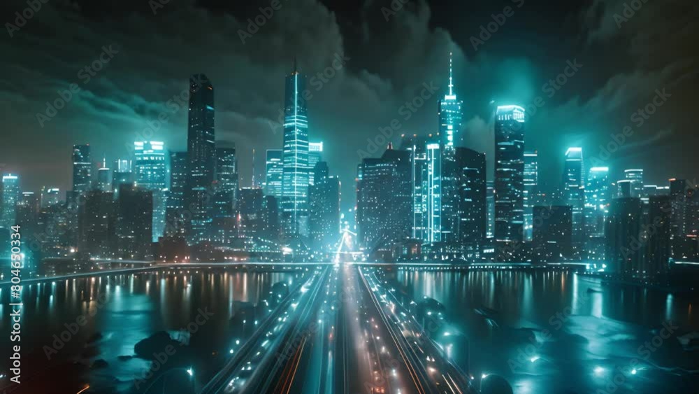 Poster a view of a large city with numerous towering buildings creating a bustling urban landscape under a 