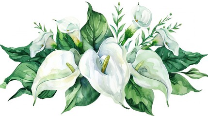  A watercolor depiction of pure white blossoms against emerald foliage on a pristine white backdrop, featuring a lush green central stalk