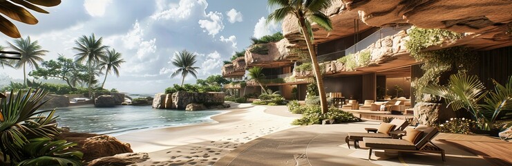 Tropical Beachfront with Palm Trees and Blue Sea, Ideal for Vacation and Travel Themes