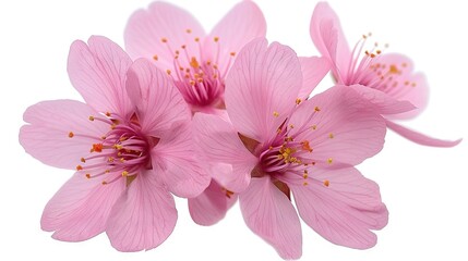   A cluster of pink blossoms featuring yellow centers amidst their petals, set against a white backdrop - Powered by Adobe
