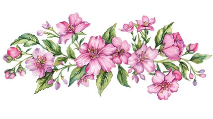   A watercolor depiction of pink blossoms on white canvas, framed by pink & green foliage