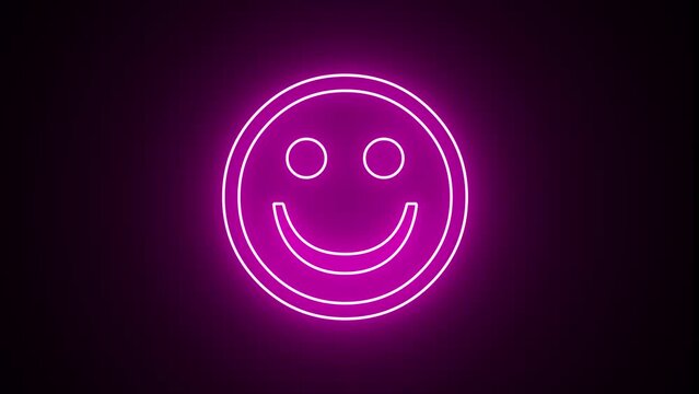 Glowing purple neon smile face emoticon symbol blinking animation. Happy emoji facial expression icon loop motion graphics video with alpha channel. Abstract positive emotion sign animation